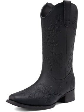 Women's Black Western Cowboy Boots Square Toe Embroidered Mid Calf Boots